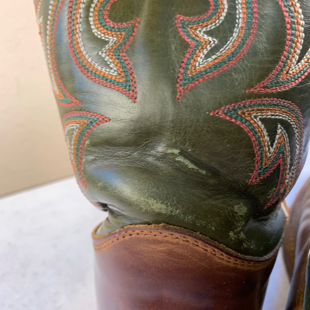 Justin 6.5D Bent Rail BR307 Cowboy Boots Brown Green 11" Square Toe USA Made - Picture 9 of 16